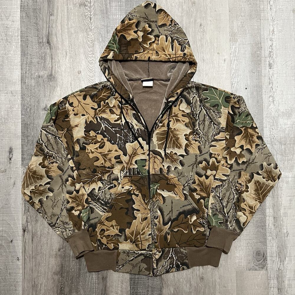VTG Sports Afield Camo Hoodie Mens L Full Zip Realtree Camouflage Lined Hunting